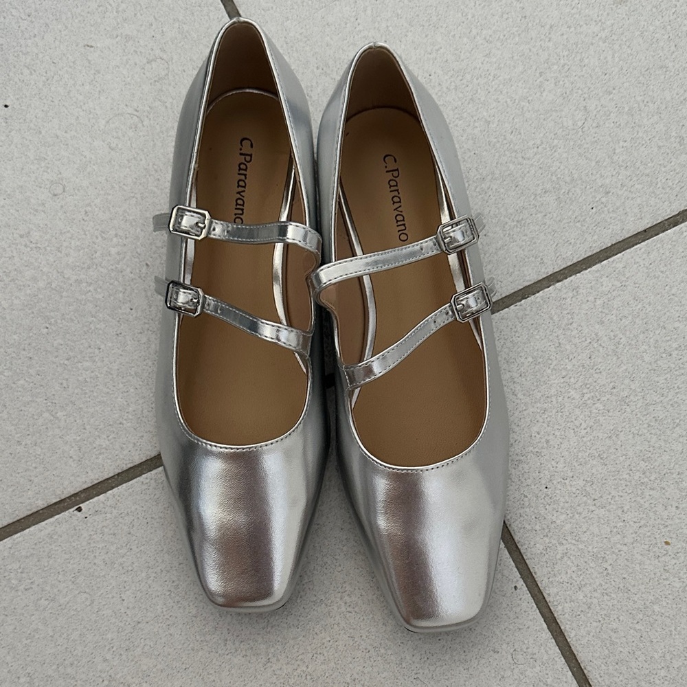 Silver Double Strap Flats